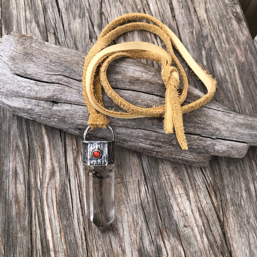 Crystal Quartz Pendant On Tan Leather Lace