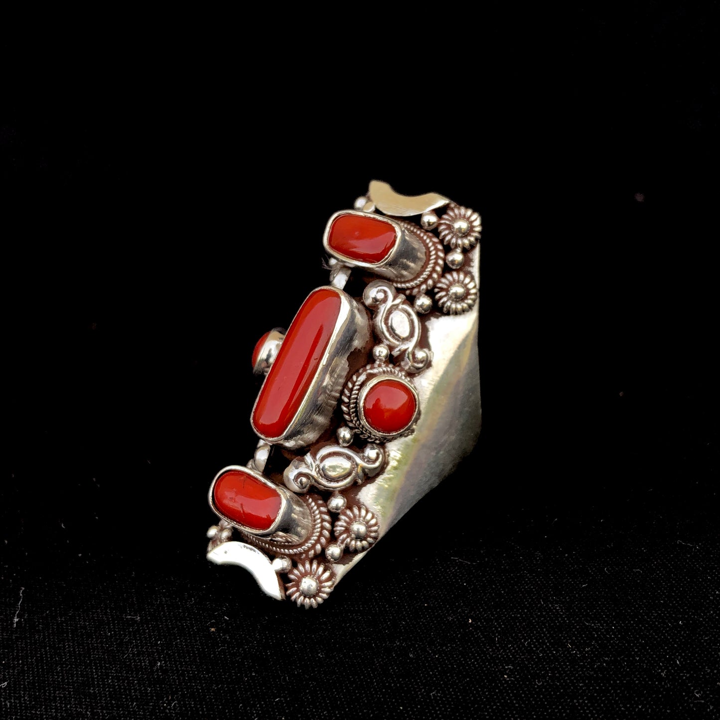 Large Coral Silver Saddle Ring