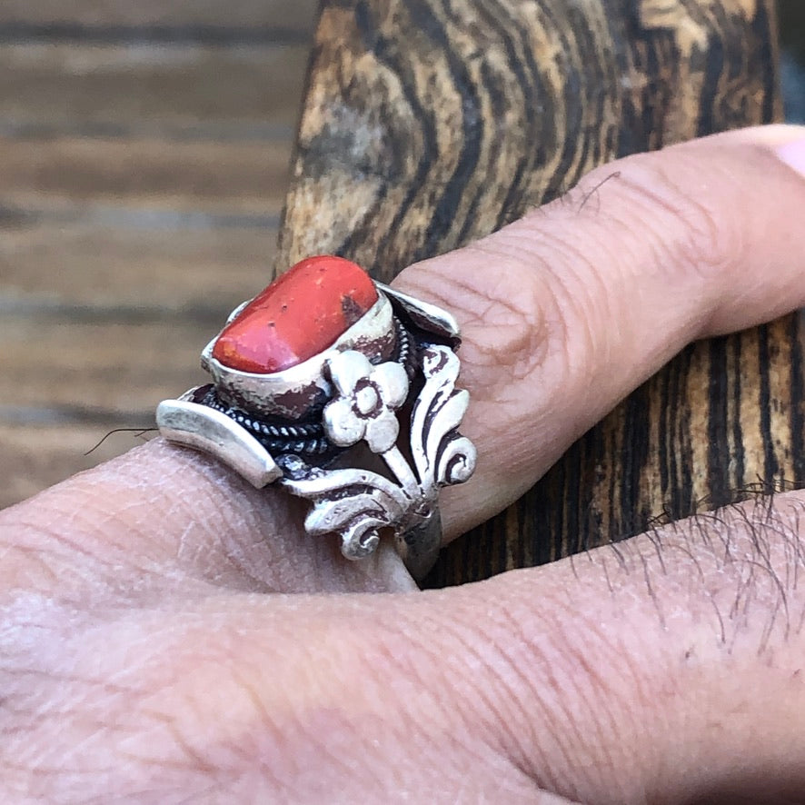 Red Coral Sterling Silver Saddle Ring