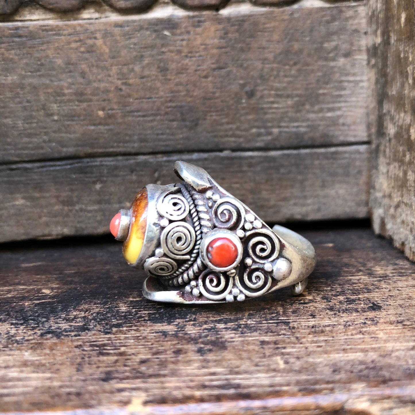 Amber and coral Tibetan ring