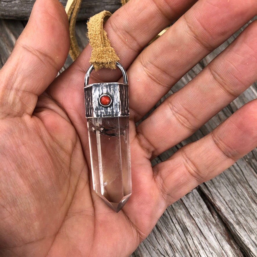 Crystal Quartz Pendant On Tan Leather Lace