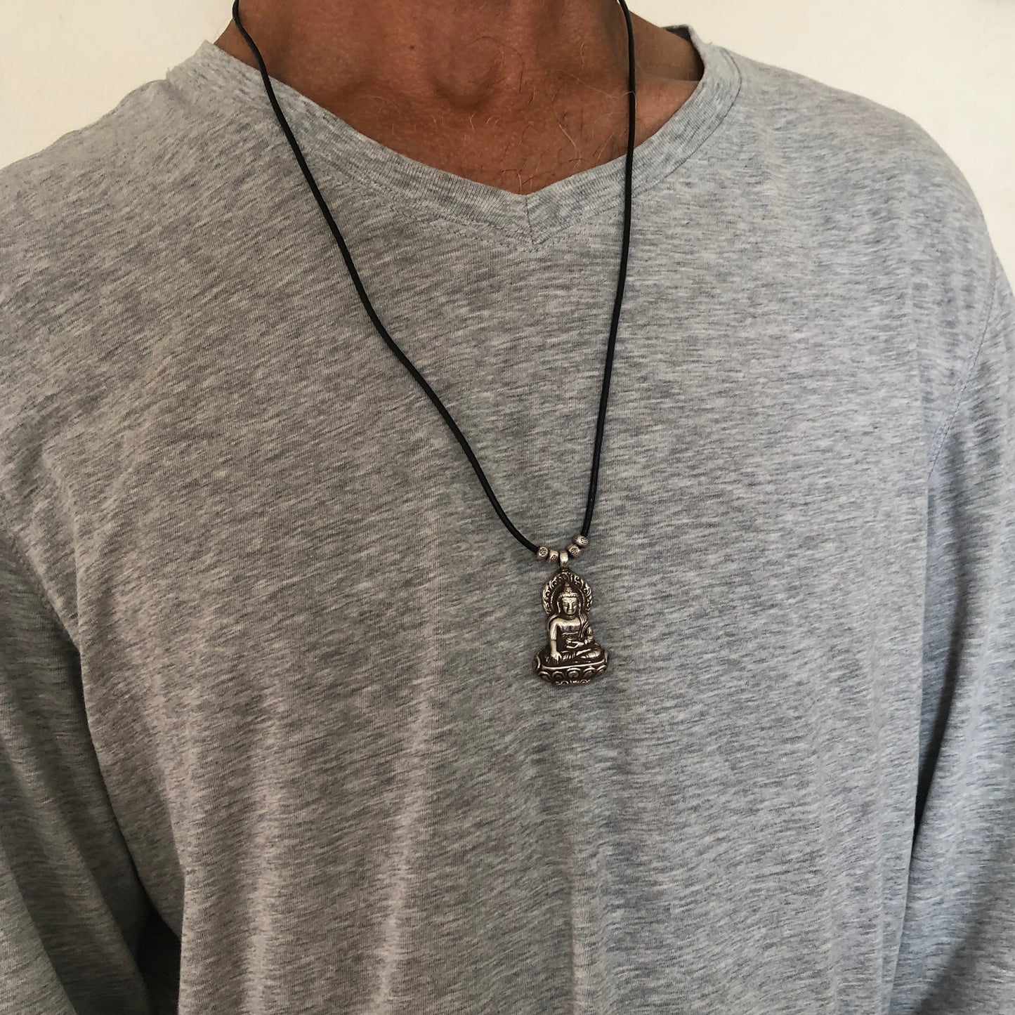 Silver Buddha pendant On Black Adjustable Leather Cord