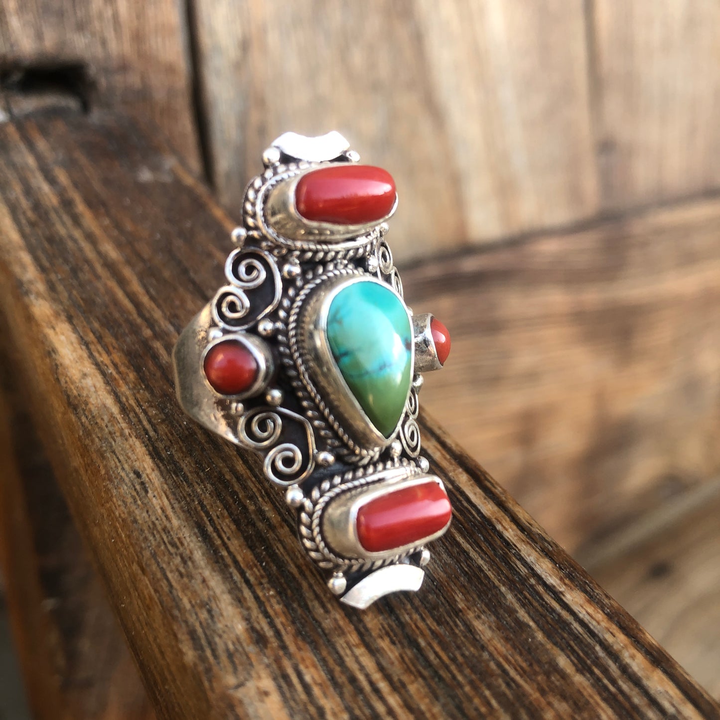 Turquoise And Coral Multi Stone Saddle Ring