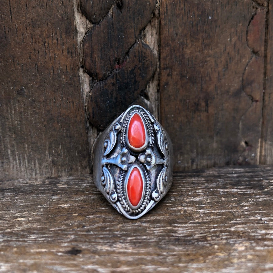 Vintage Red Coral Silver Ring