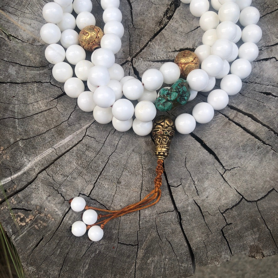 Round Seashell Raw Turquoise And Copper Dragon Beads 108 Praying Mala