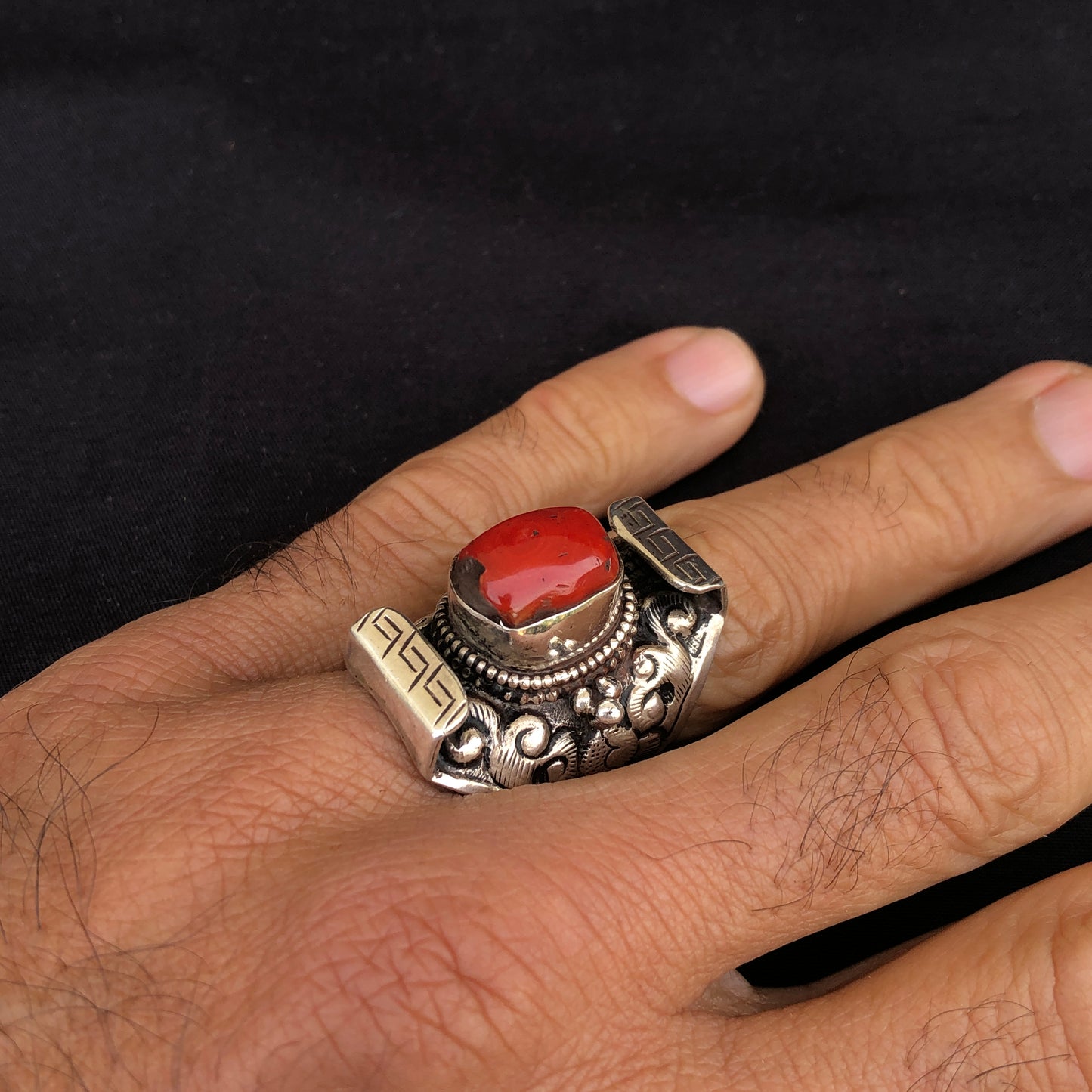 Tibetan Red Coral Saddle Ring