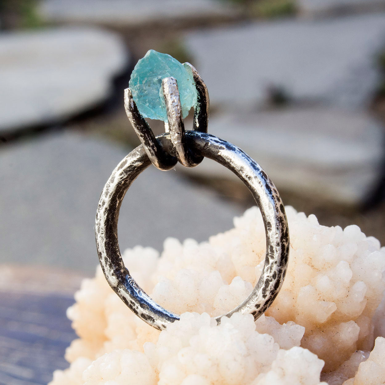 Apatite crystal black sterling silver ring