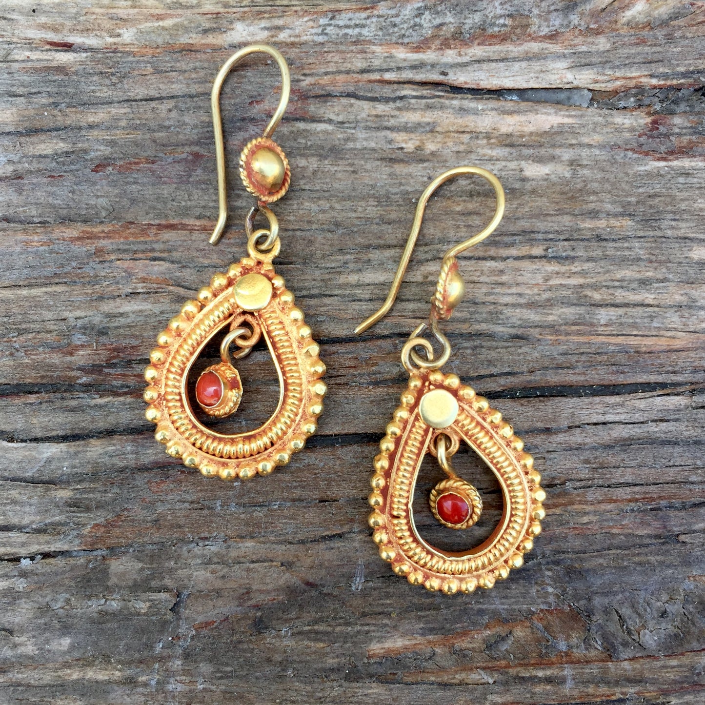 Coral Set On Vermeil Teardrop Earrings