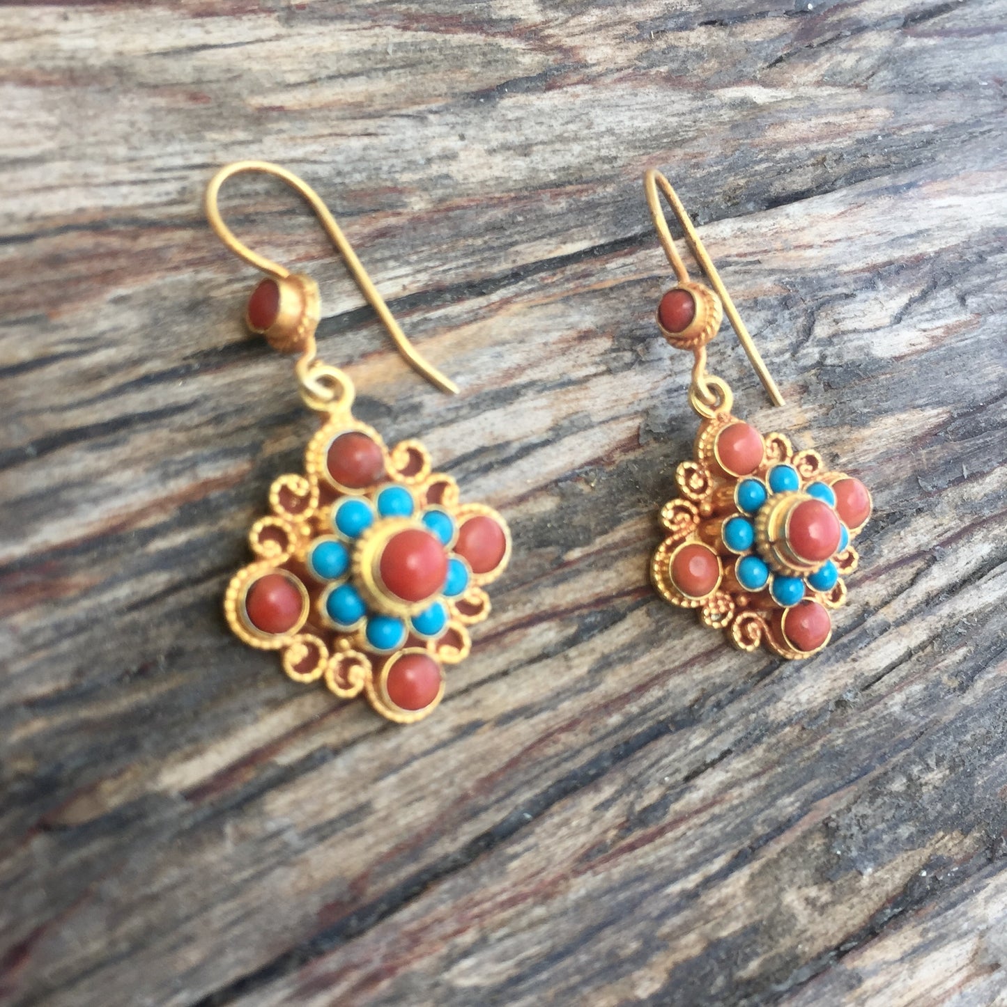Coral & Turquoise Mandala Dangle Earrings