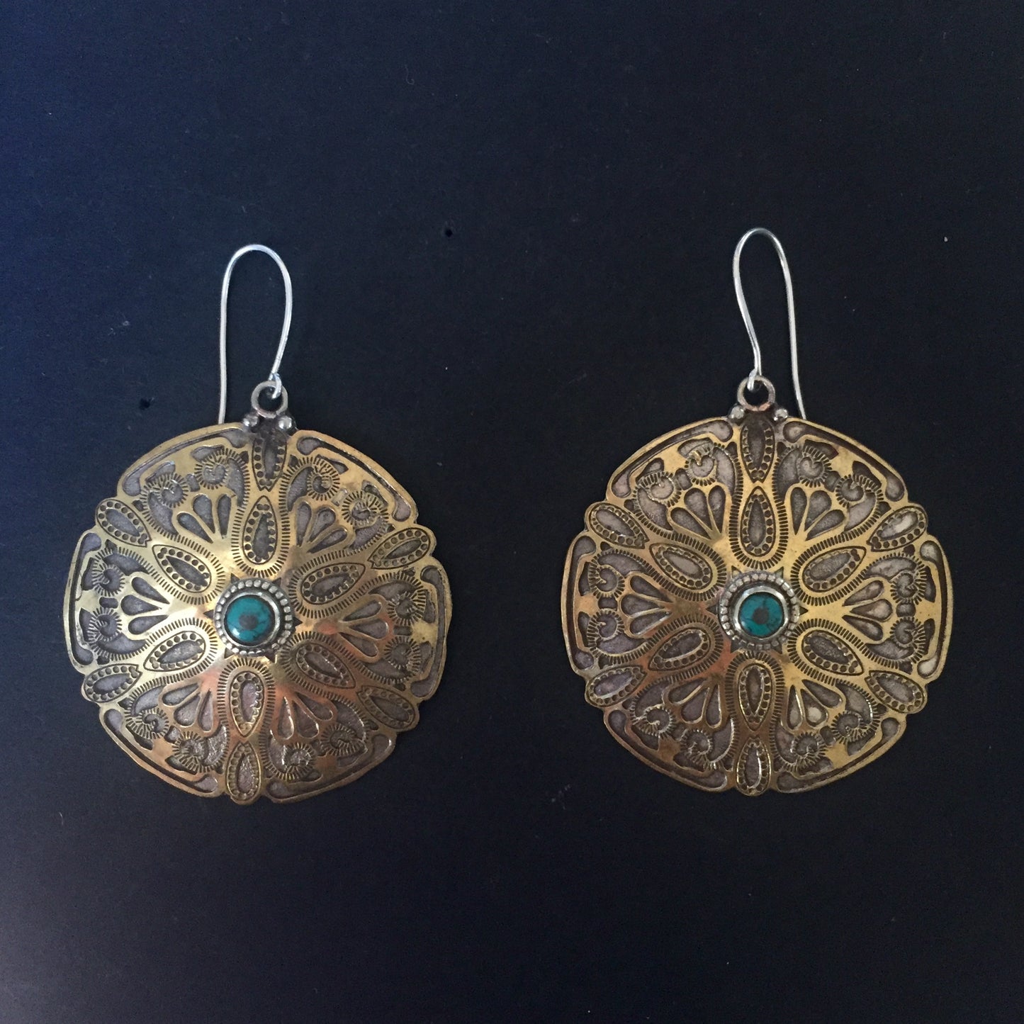 Turquoise Etched Brass Rarrings
