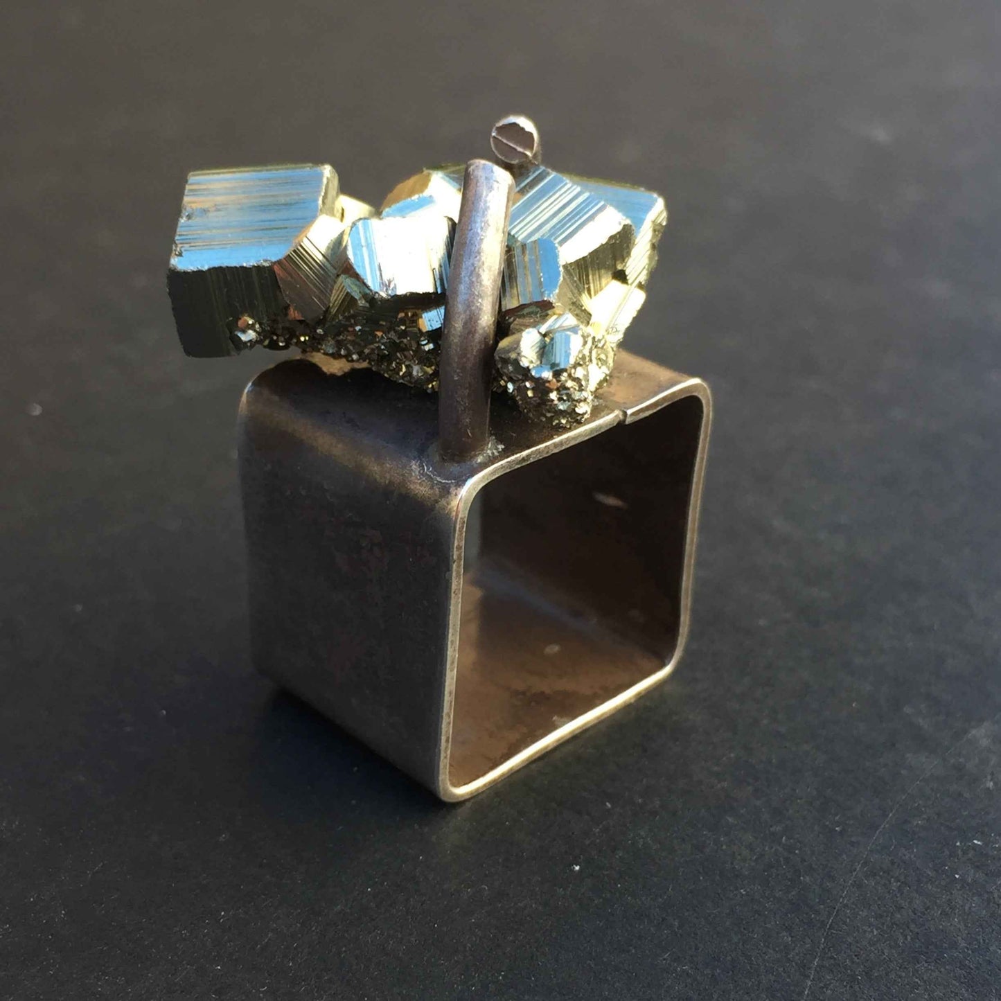 Raw pyrite black silver ring