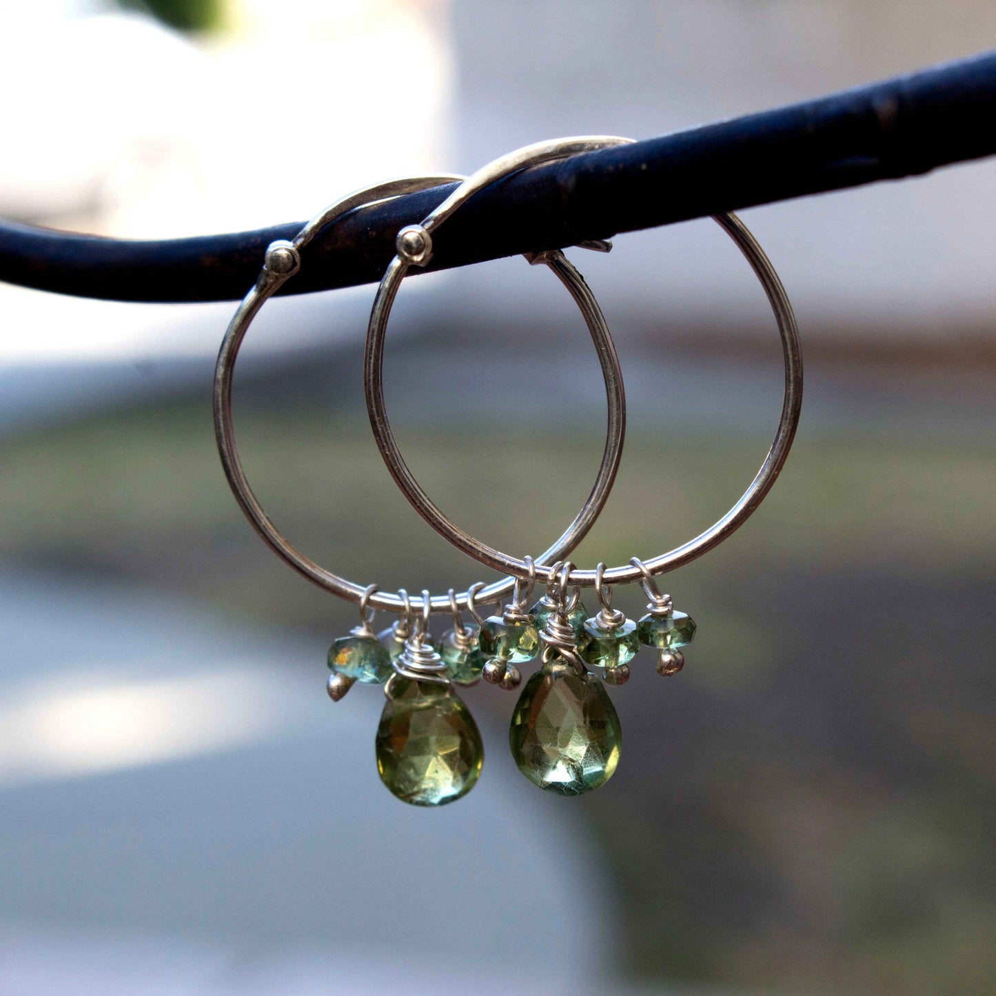 Green apatite sterling hoops