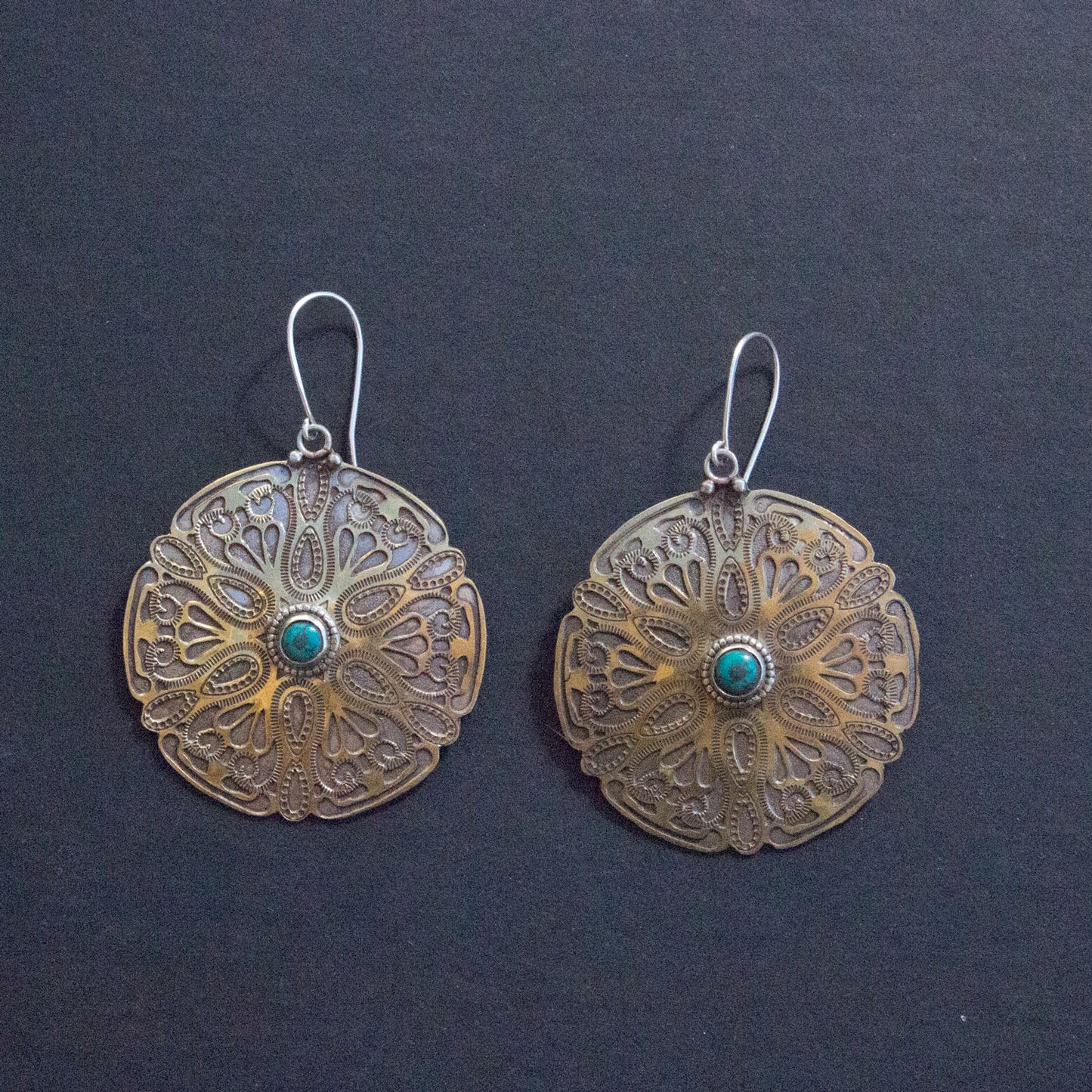 Turquoise Etched Brass Rarrings