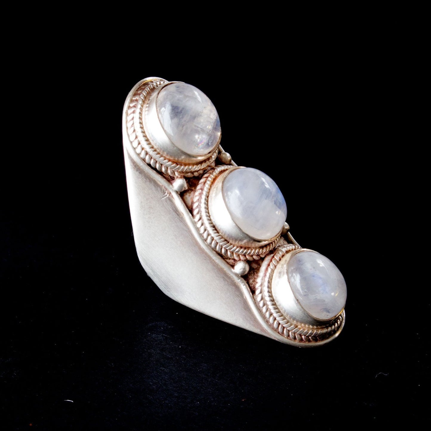 Rainbow moonstone saddle ring