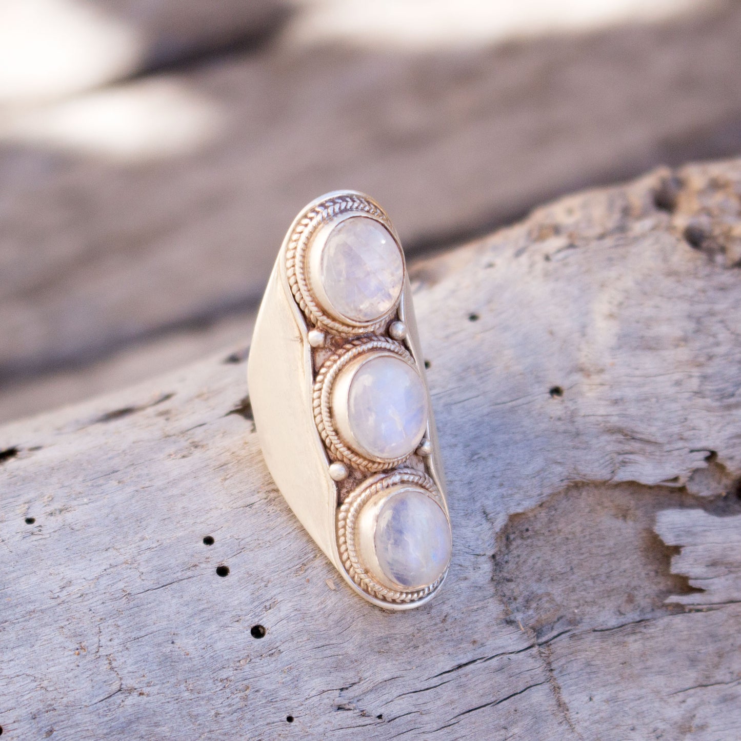 Rainbow moonstone saddle ring