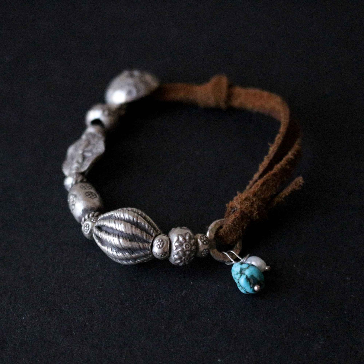 Hilltribe Silver Beads On Leather Bracelet
