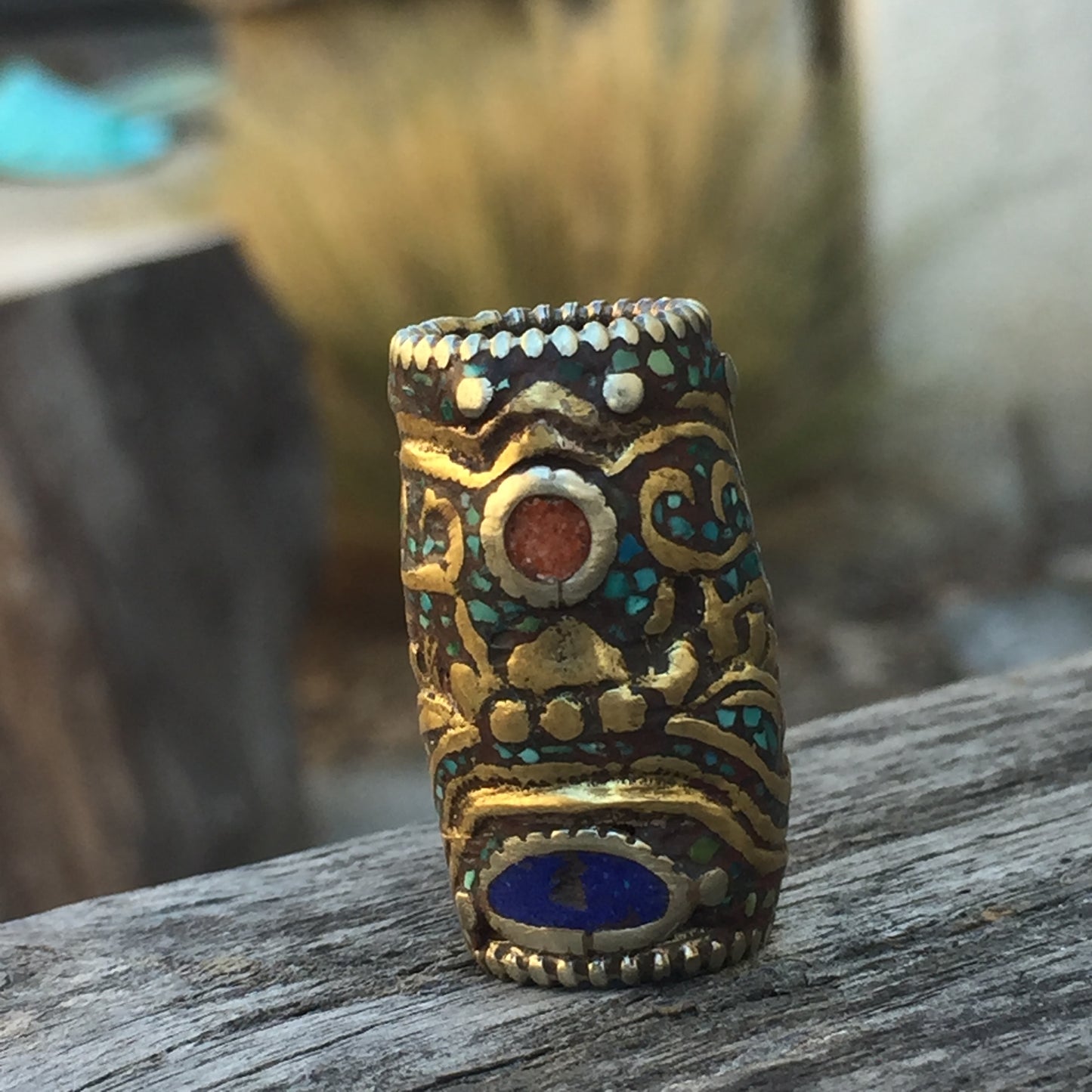 Turquoise, Coral And Lapis Lazuli Inlay Tibetan Dragon Bead