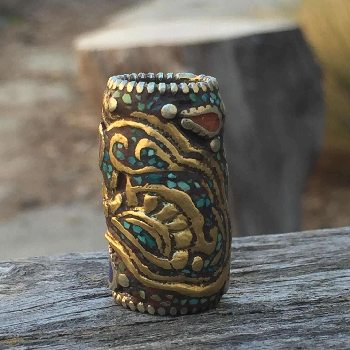 Turquoise, Coral And Lapis Lazuli Inlay Tibetan Dragon Bead