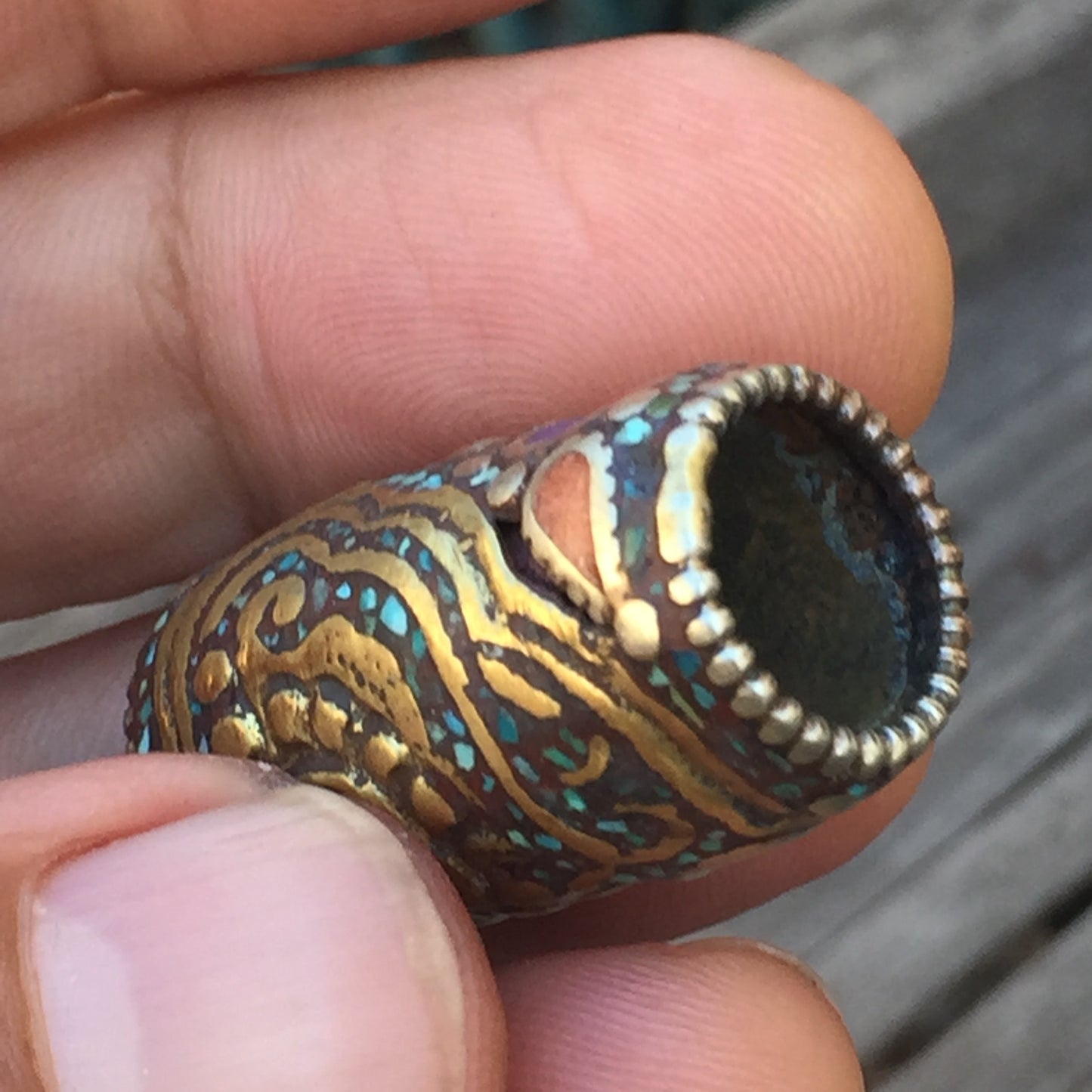Turquoise, Coral And Lapis Lazuli Inlay Tibetan Dragon Bead