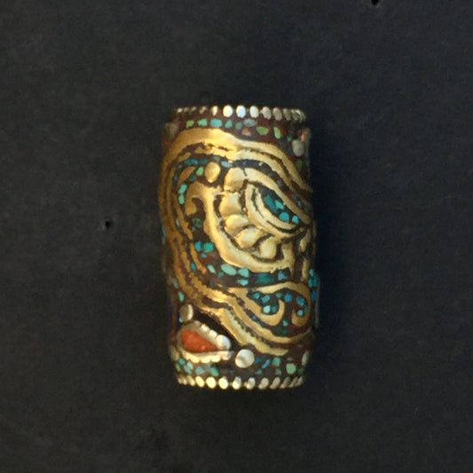 Turquoise, Coral And Lapis Lazuli Inlay Tibetan Dragon Bead