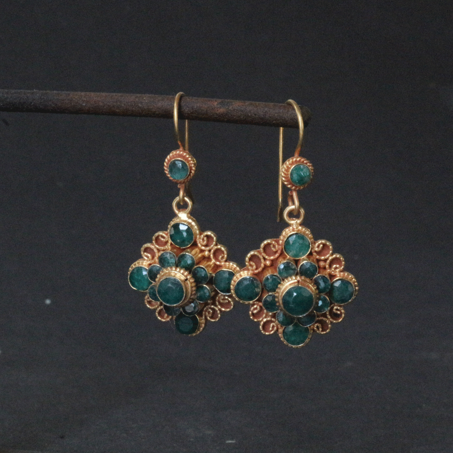 Faceted Emerald Mandala Drop Earrings