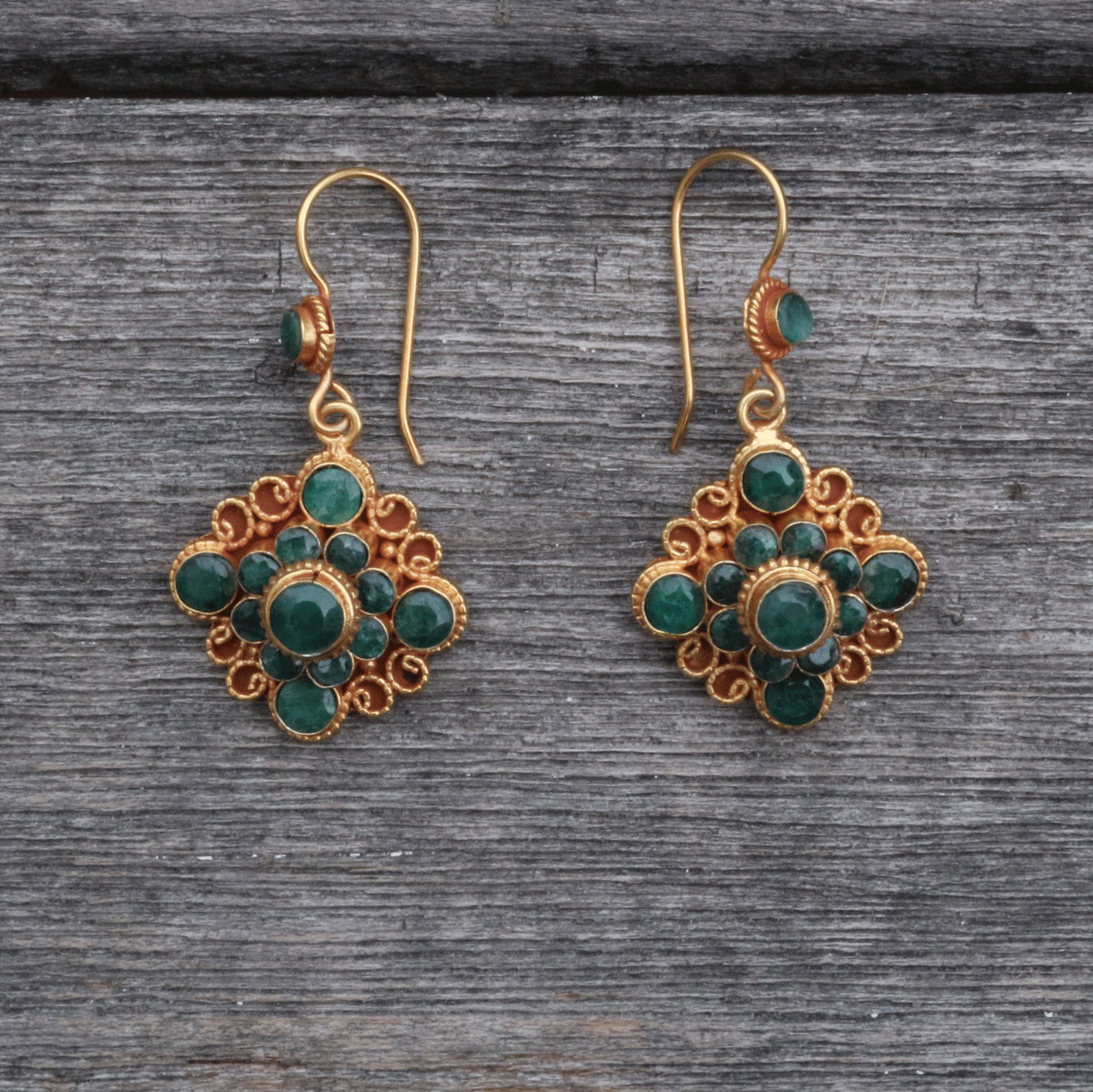 Faceted Emerald Mandala Drop Earrings