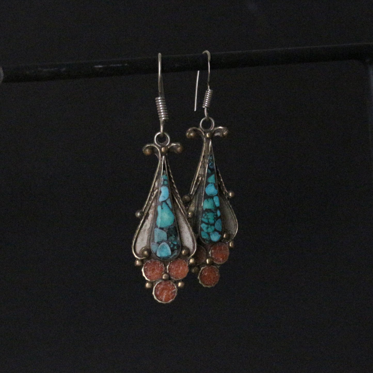 Turquoise And Coral Inlay Dangle Earrings