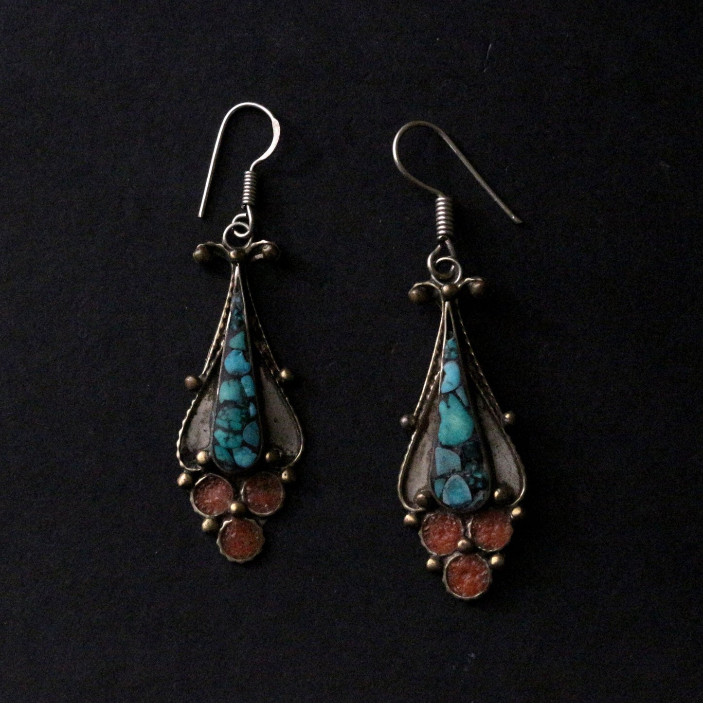 Turquoise And Coral Inlay Dangle Earrings