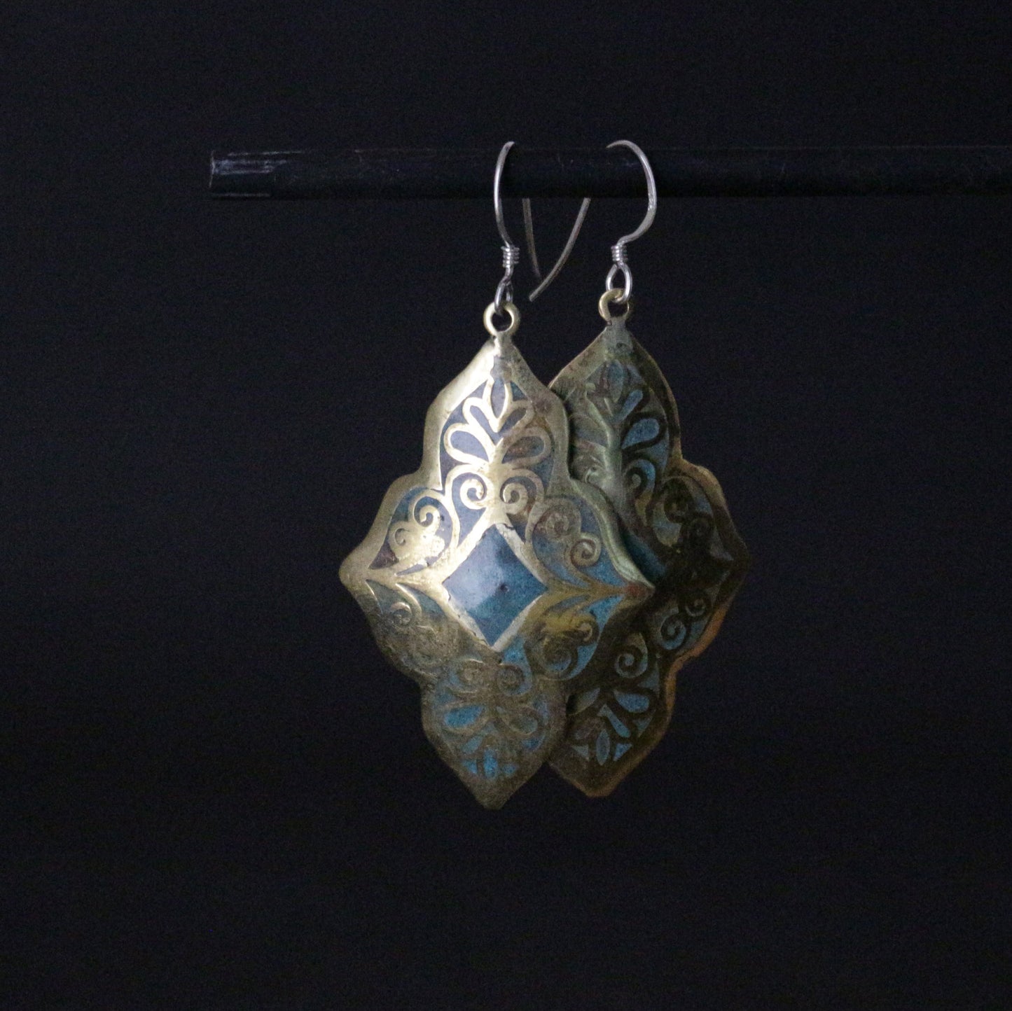 Turquoise Inlay On Brass Dangle Earrings
