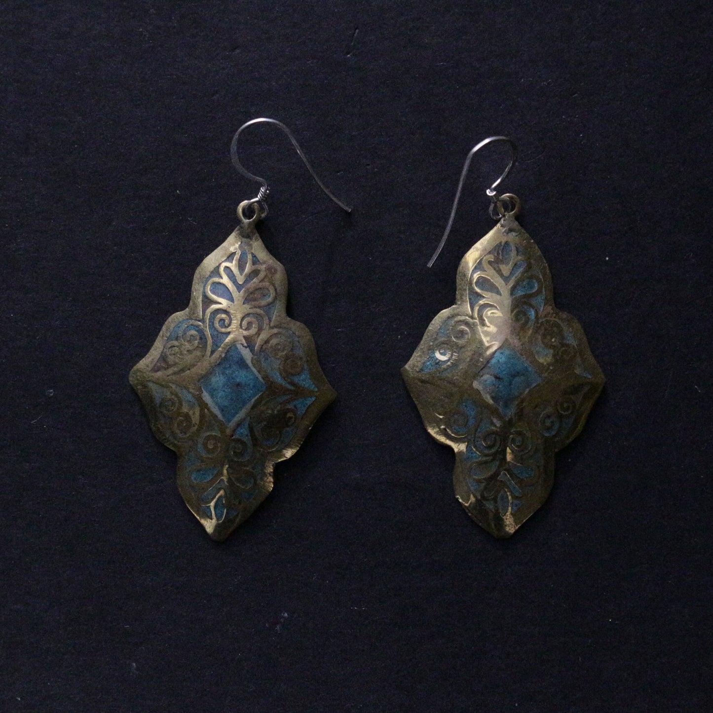 Turquoise Inlay On Brass Dangle Earrings