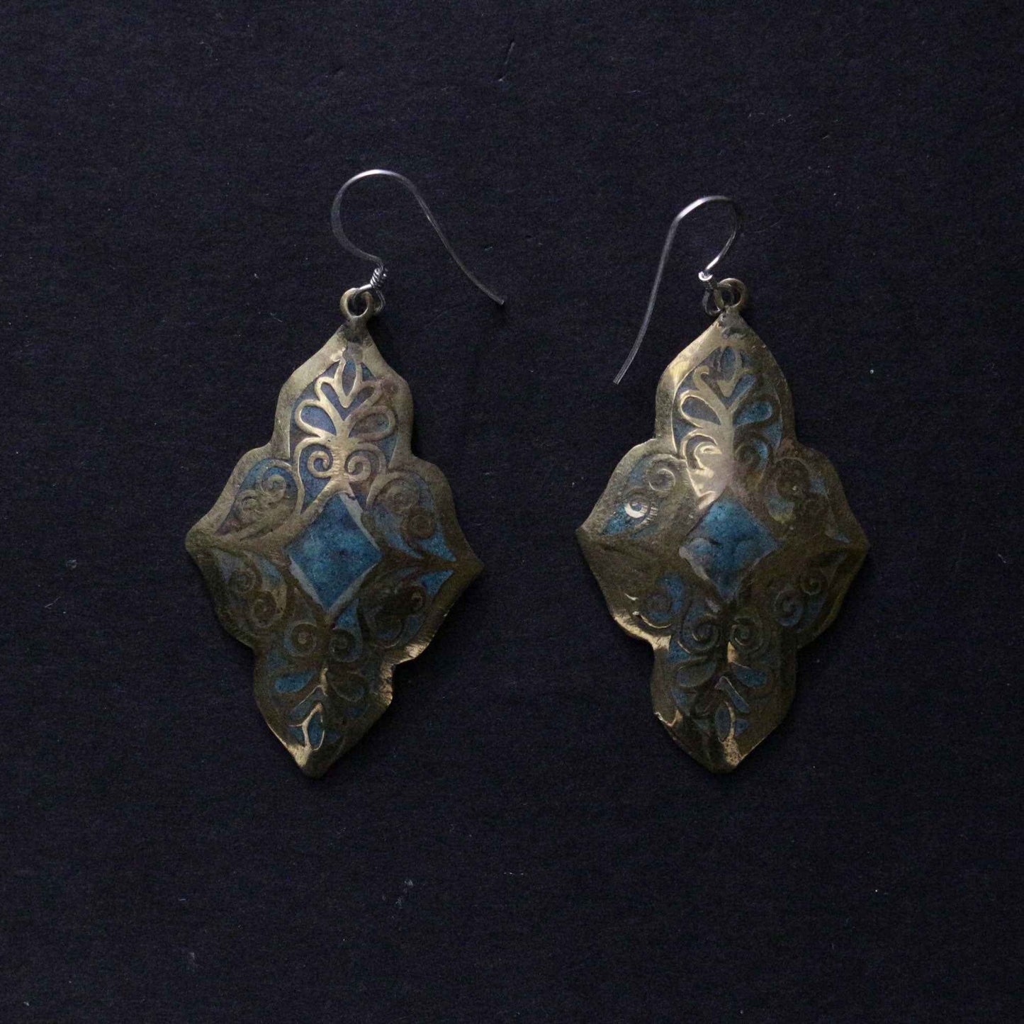 Turquoise Inlay On Brass Dangle Earrings