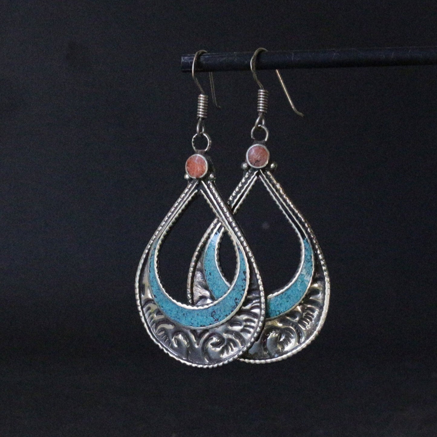 Turquoise And Coral Inlay Earrings