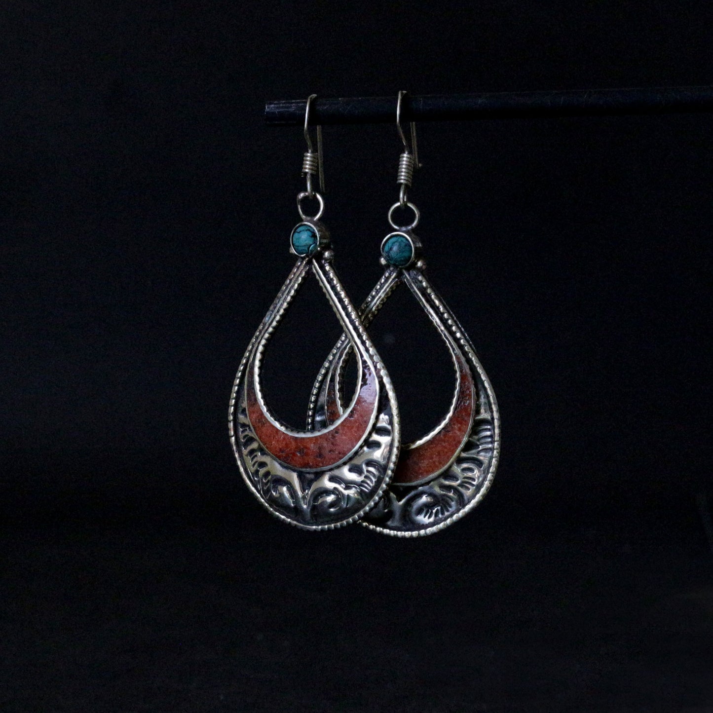 Turquoise And Coral Inlay Earrings