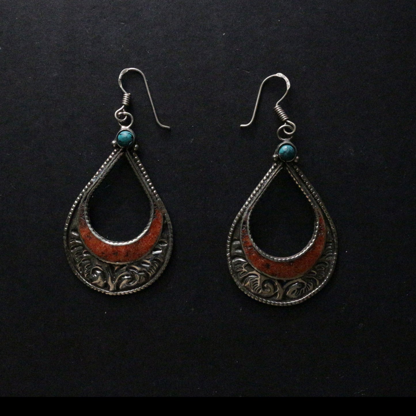 Turquoise And Coral Inlay Earrings