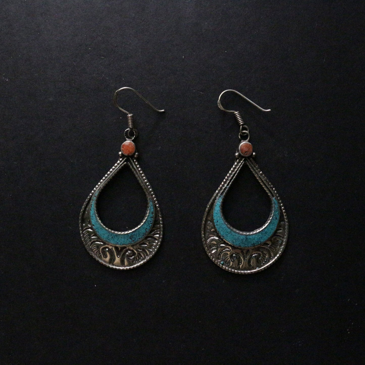 Turquoise And Coral Inlay Earrings