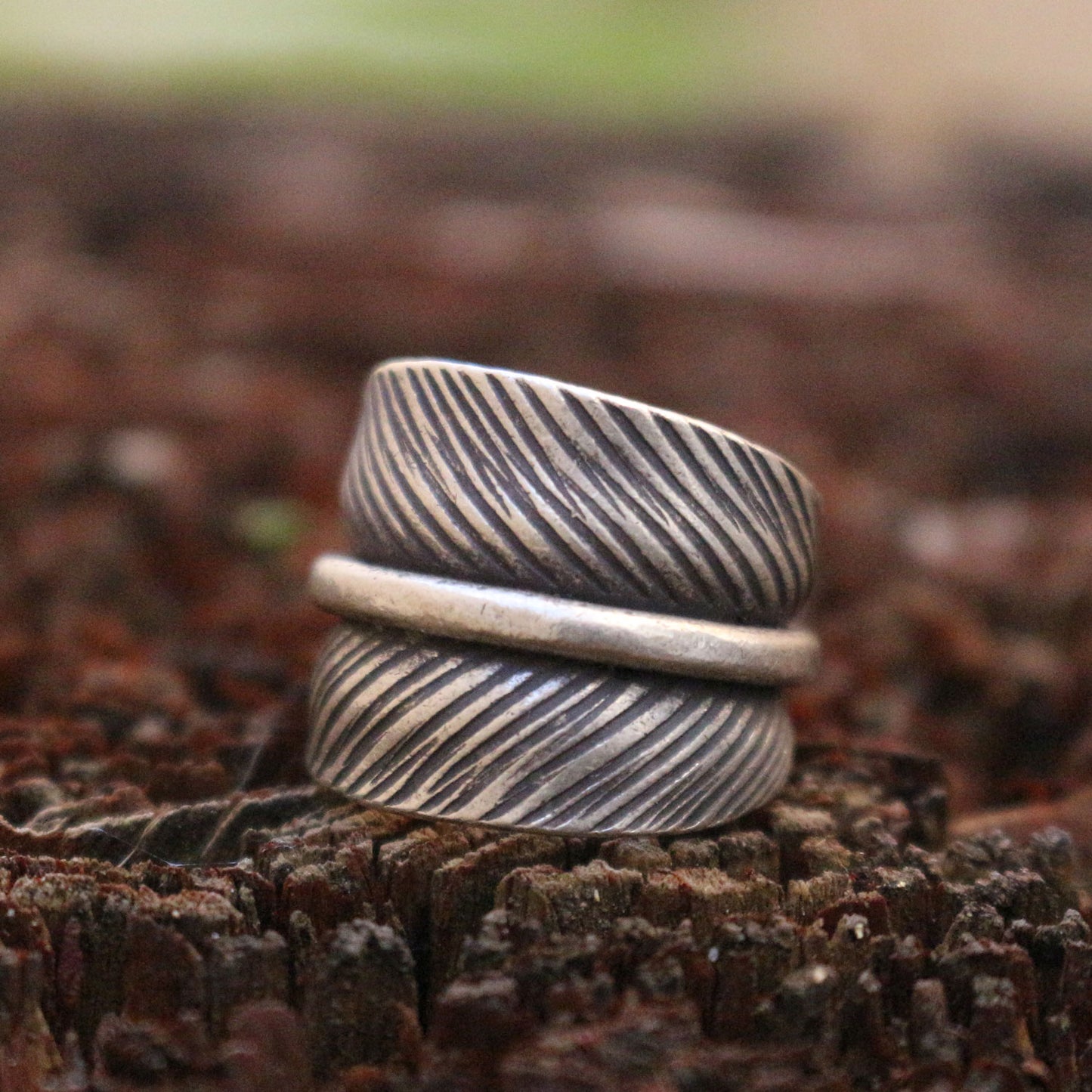 Etched Silver Feather Ring