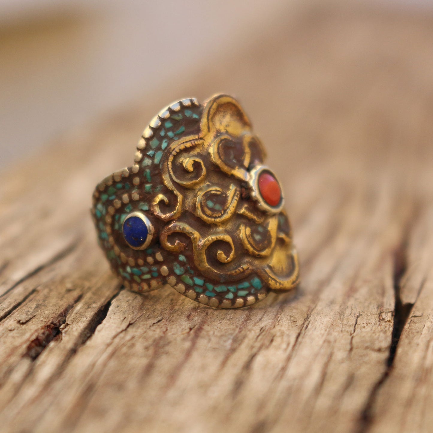 Turquoise Inlay Endless Knot Brass Ring