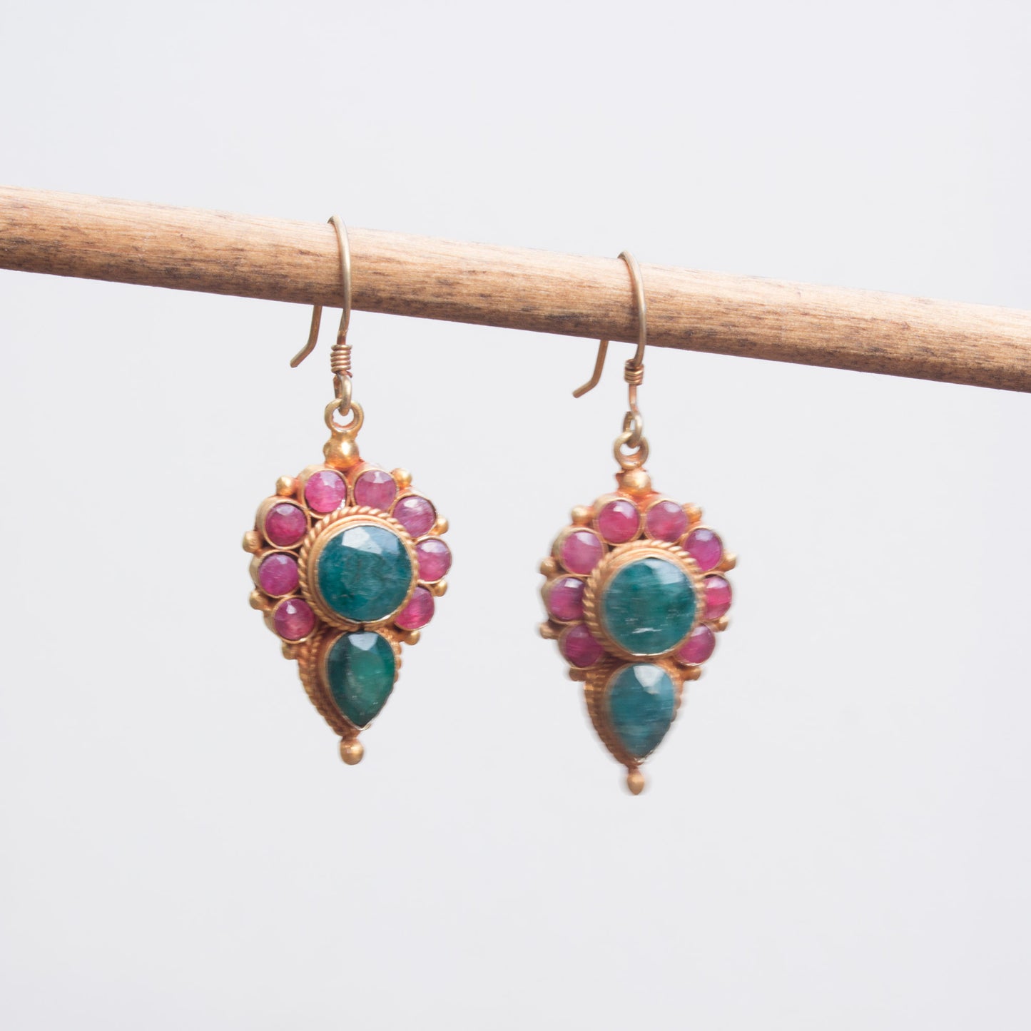 Faceted Ruby & Emerald Dangle Earring