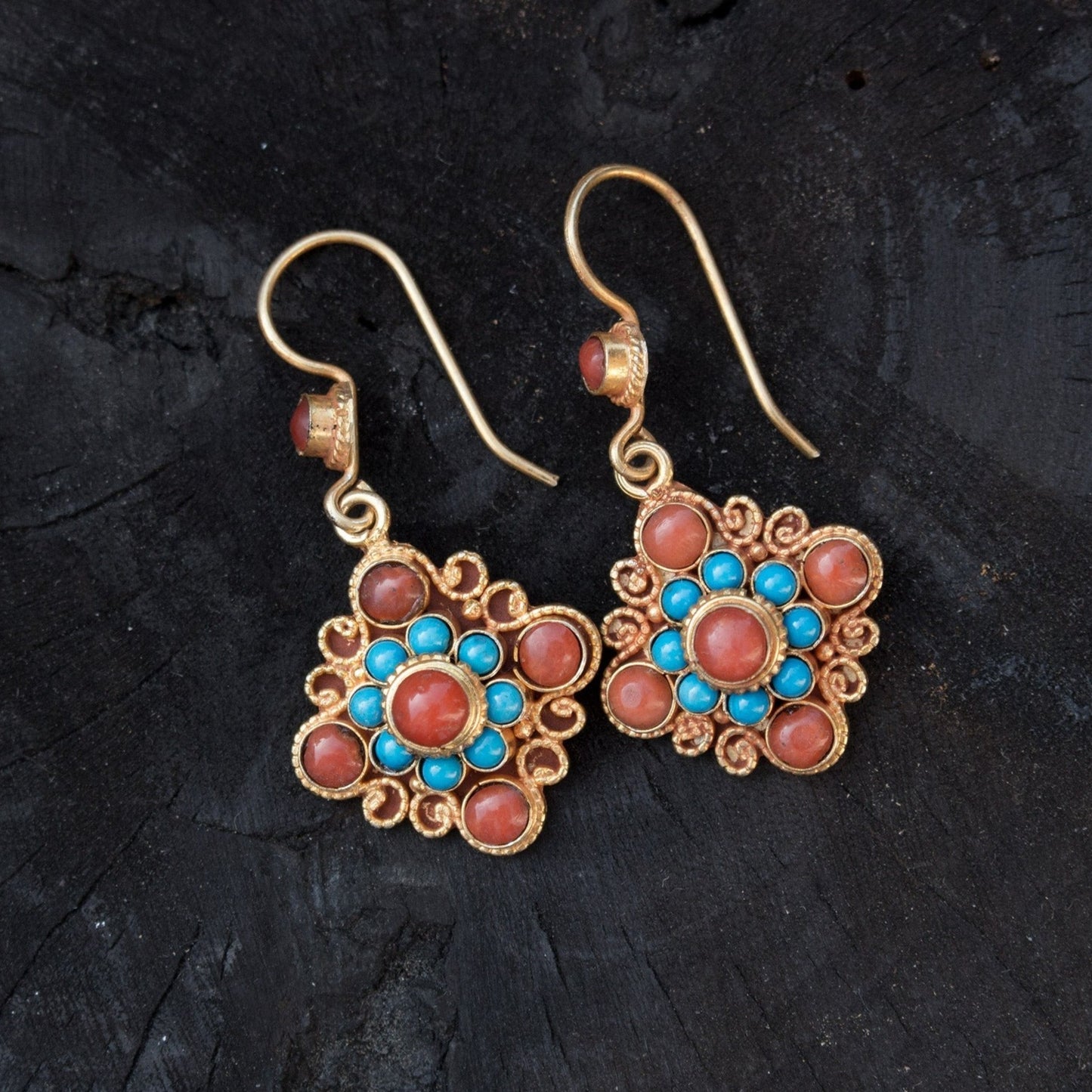 Coral & Turquoise Mandala Dangle Earrings