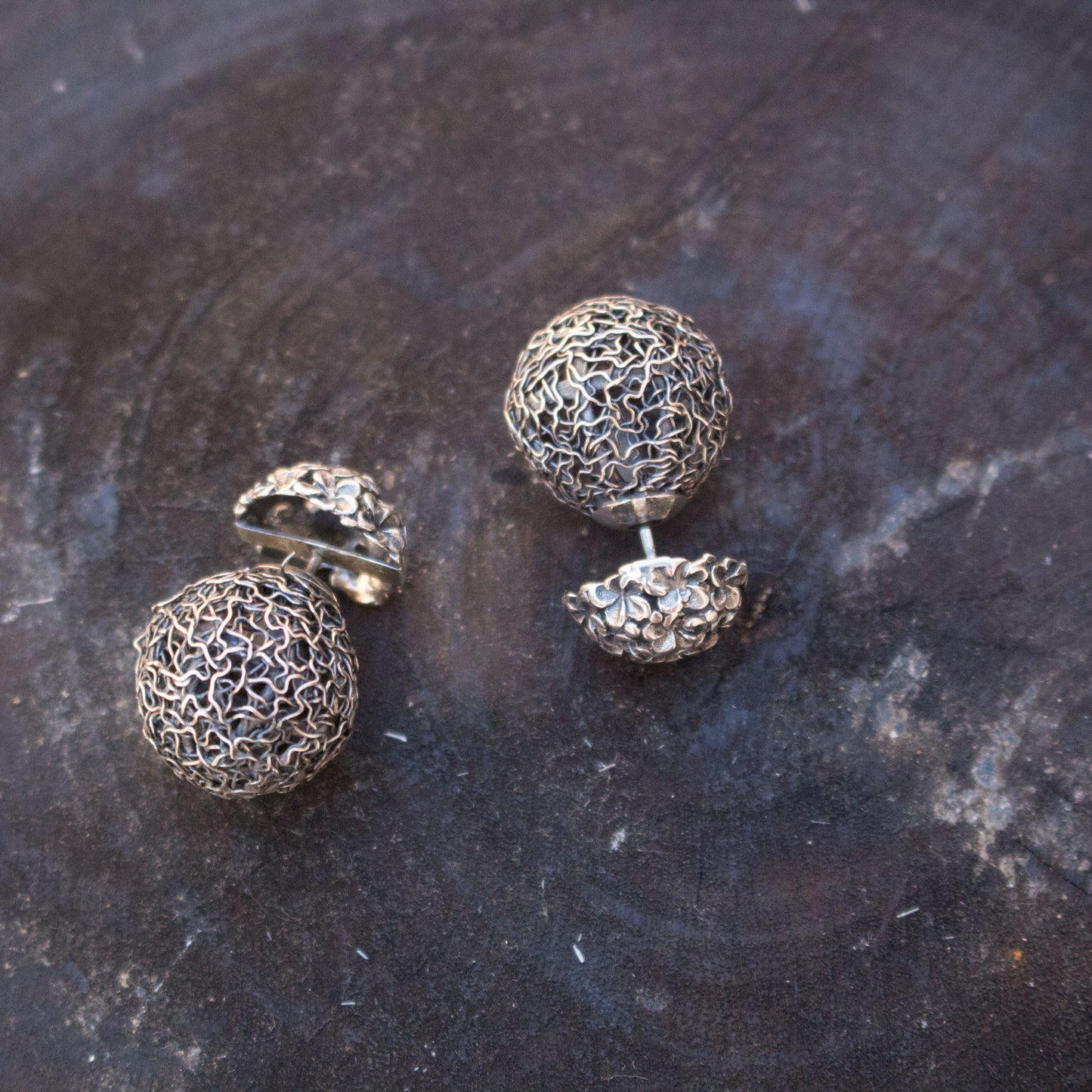 Woven Silver Ball Stud Earrings