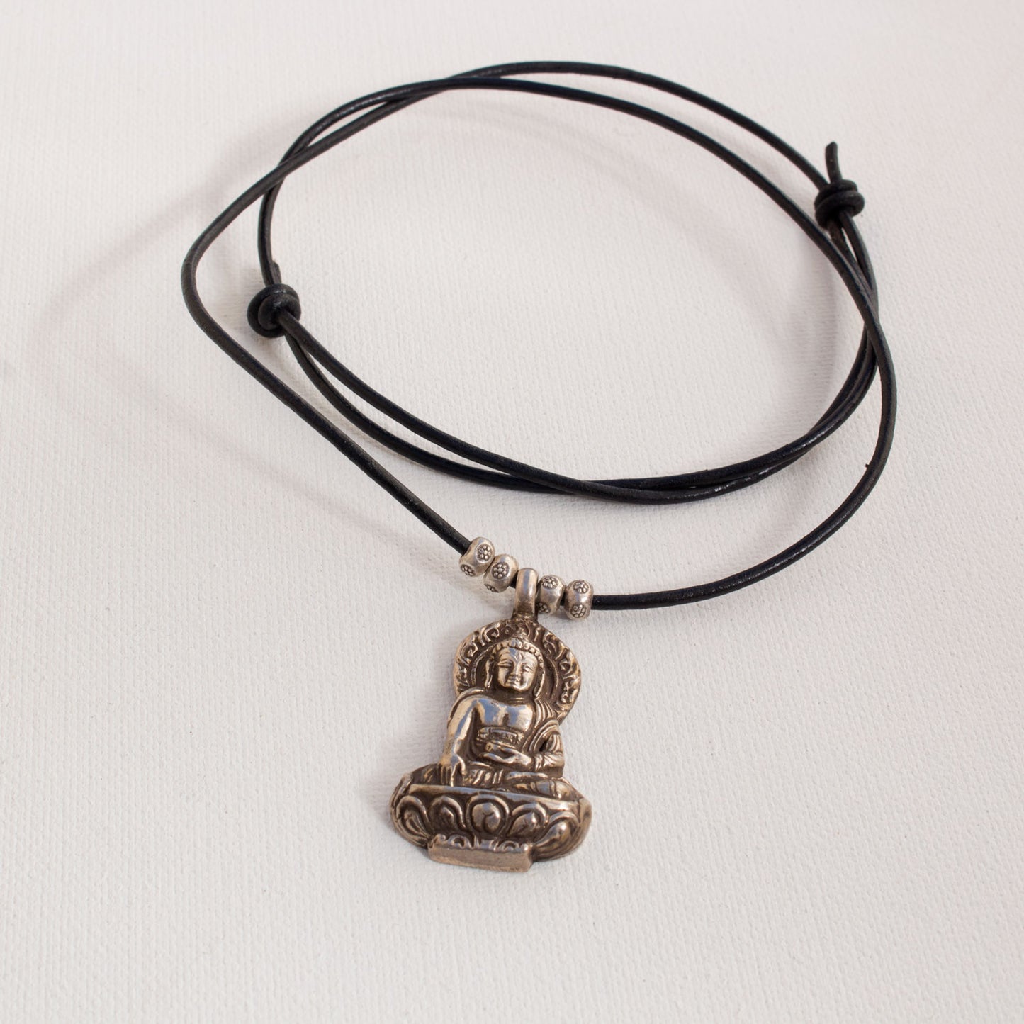 Silver Buddha pendant On Black Adjustable Leather Cord
