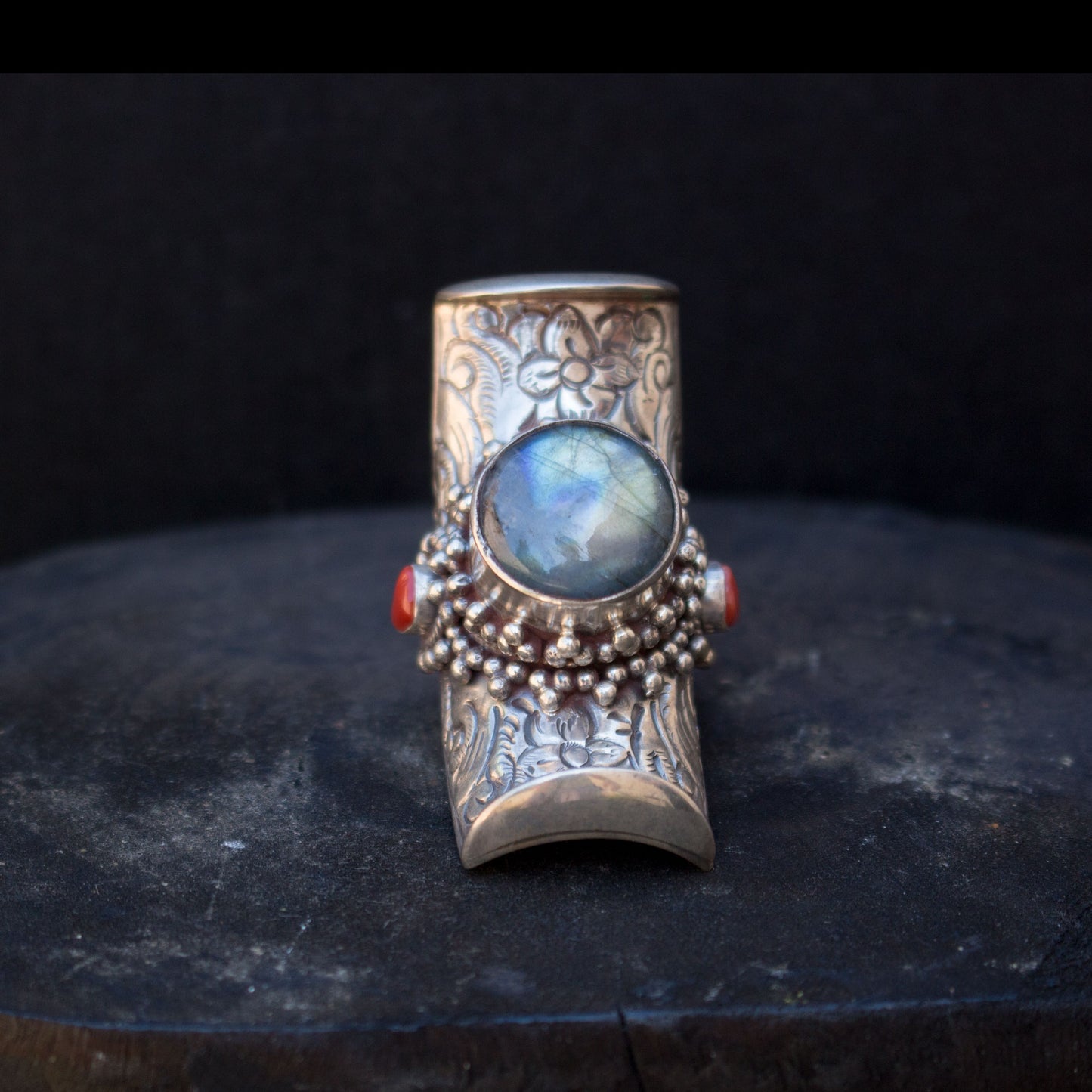 Large Labradorite And Coral Silver Saddle Ring