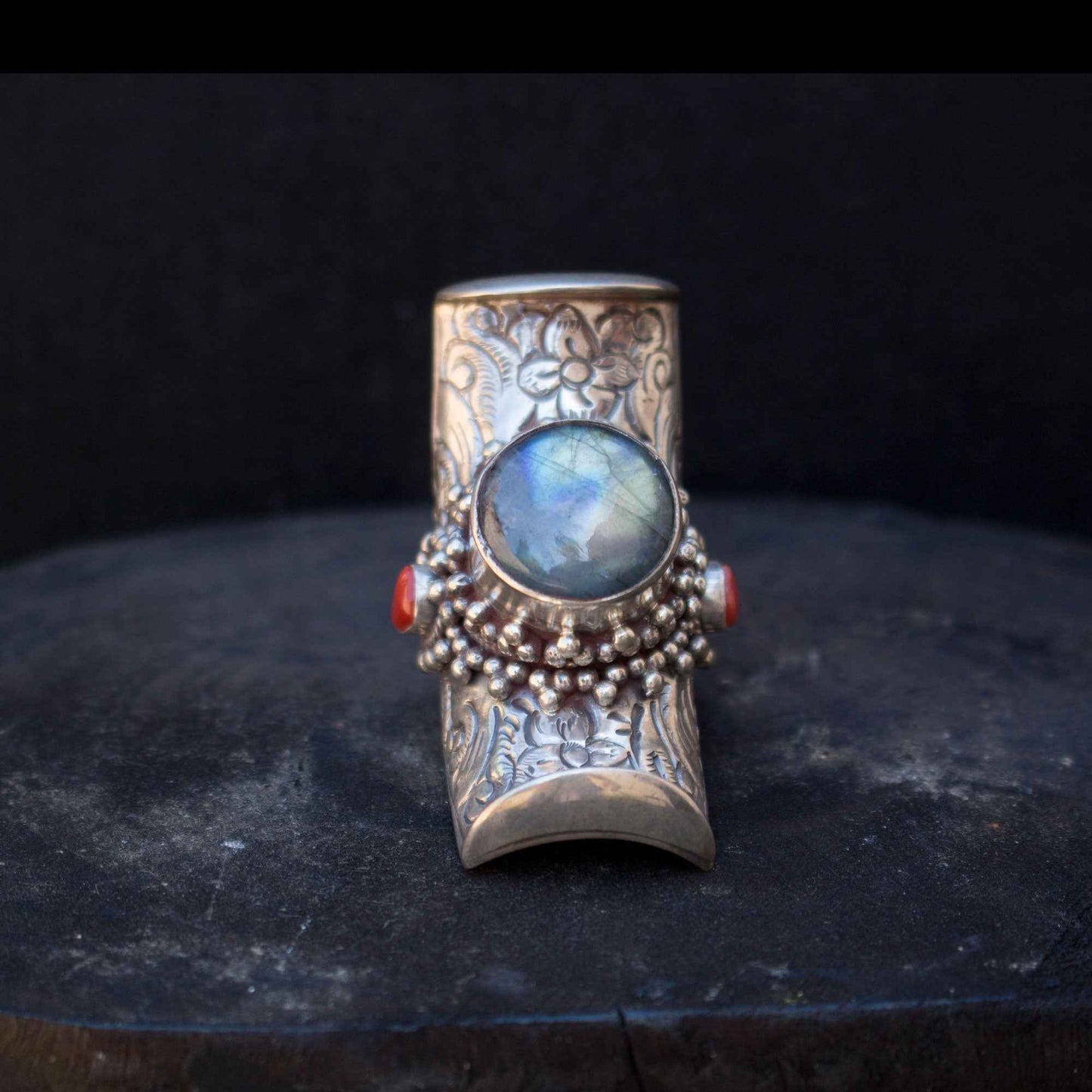 Large Labradorite And Coral Silver Saddle Ring