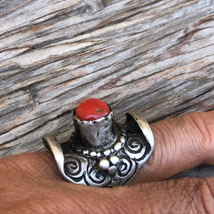 Vintage Red Coral Tibetan Saddle Ring