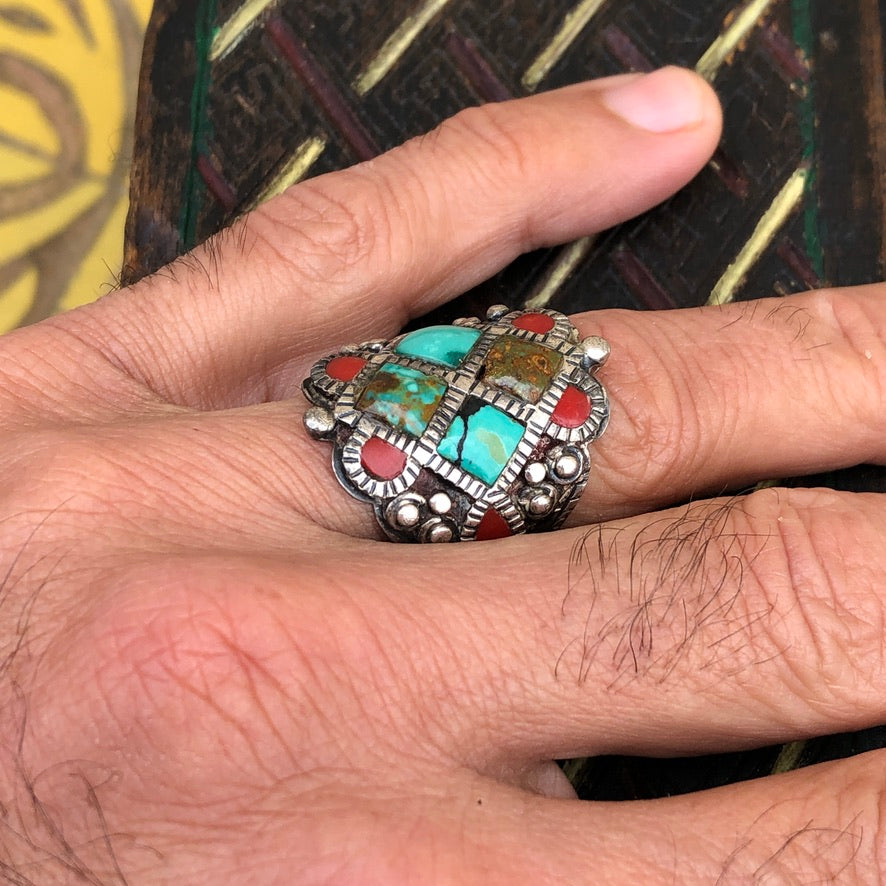 Turquoise And Coral Inlay Ring