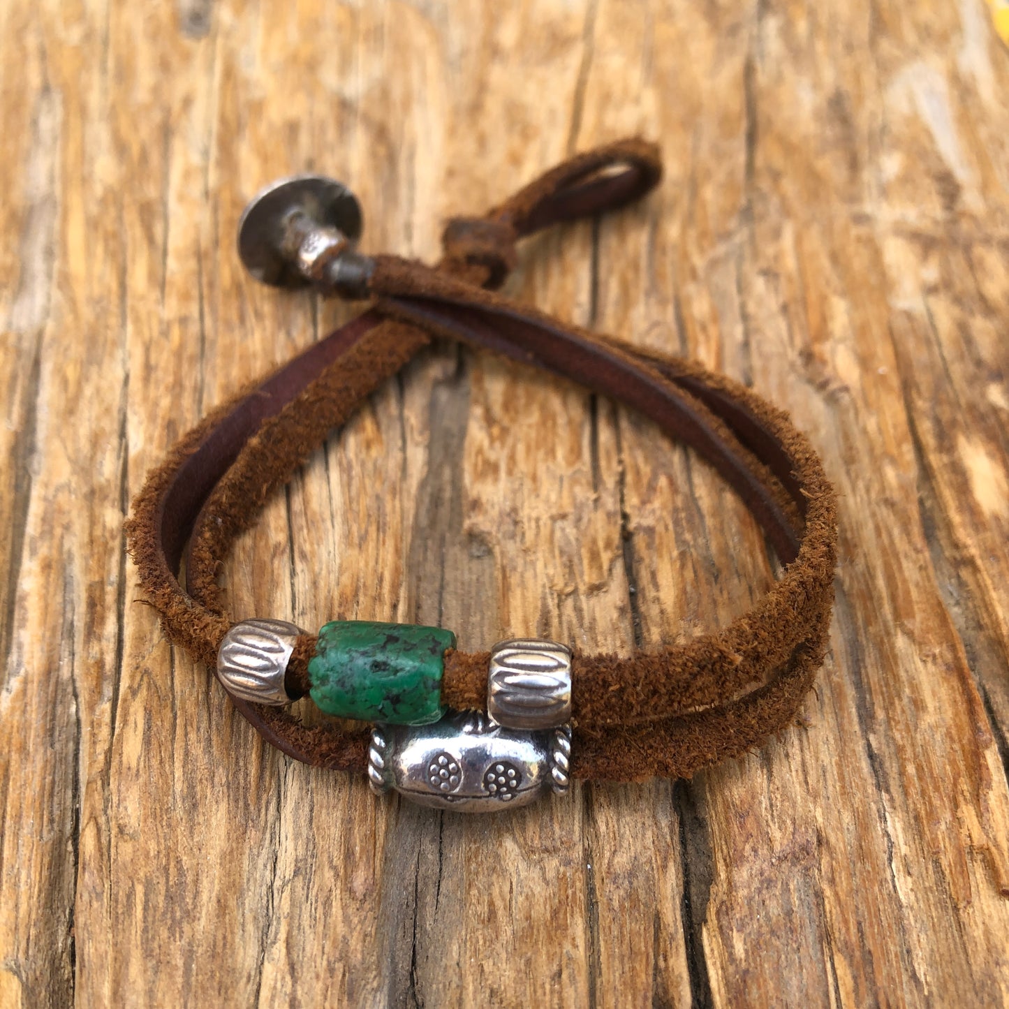 Silver Beads & Turquoise On Brown Leather Bracelet
