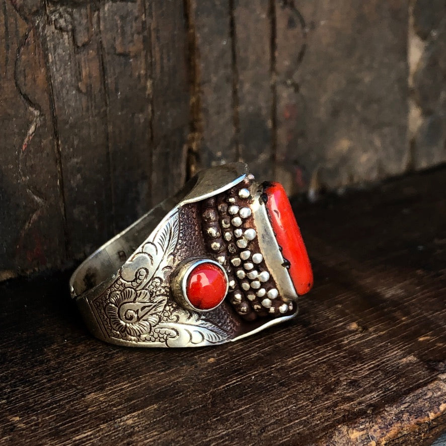 Red Coral Silver Saddle Ring