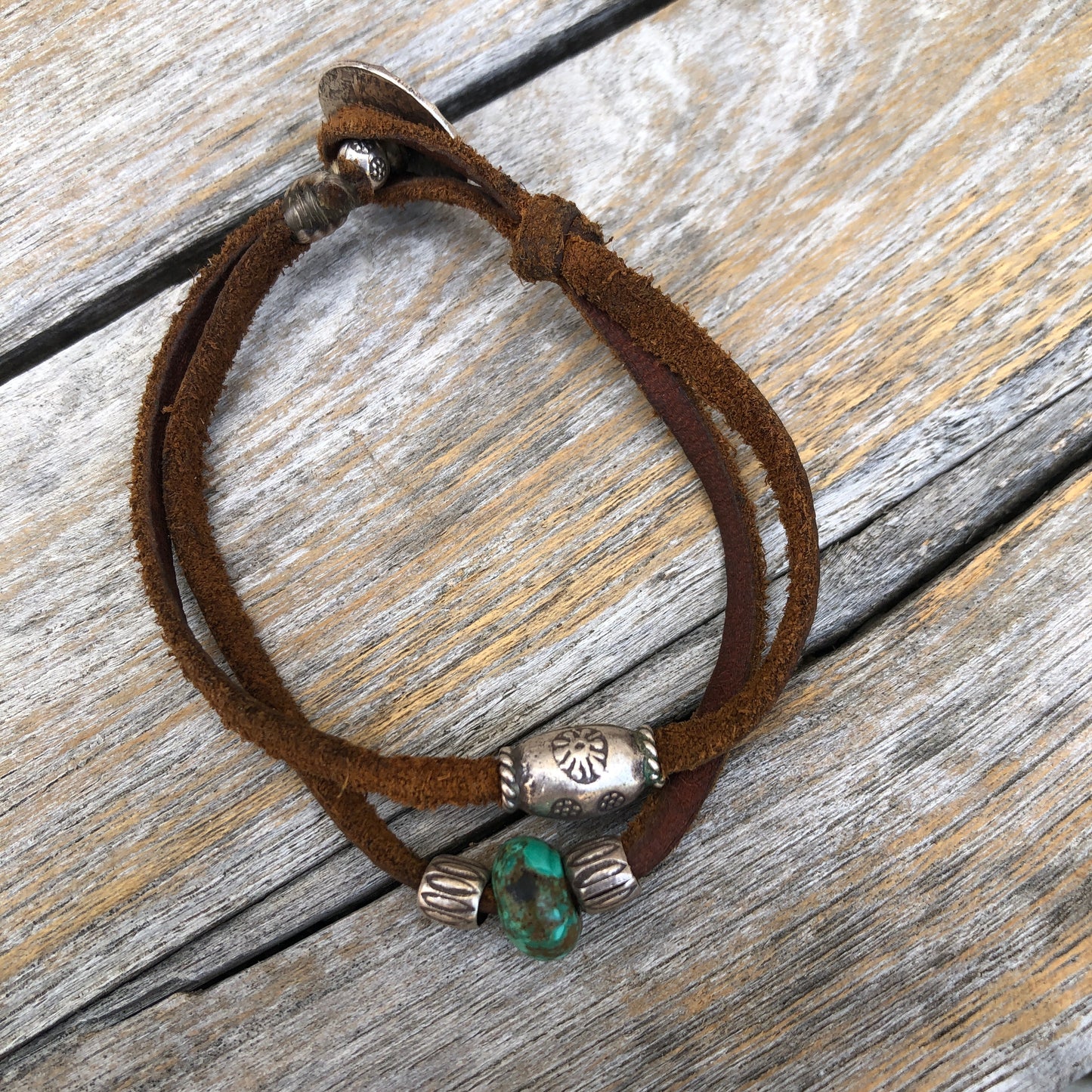 Silver Beads & Turquoise On Brown Leather Bracelet