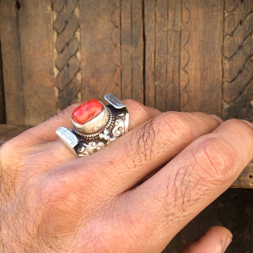 Red Coral Tibetan Saddle Ring