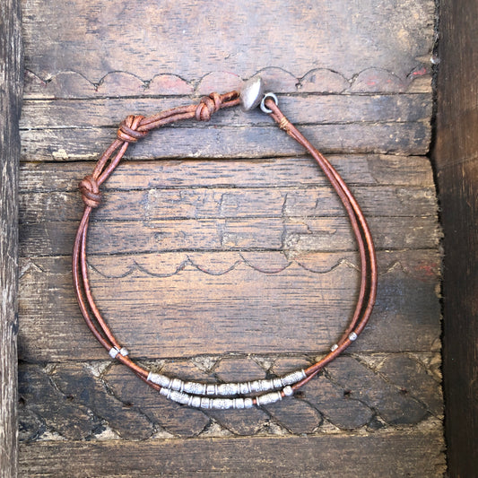 Hilltribe Silver Beads On Tan Leather Cord